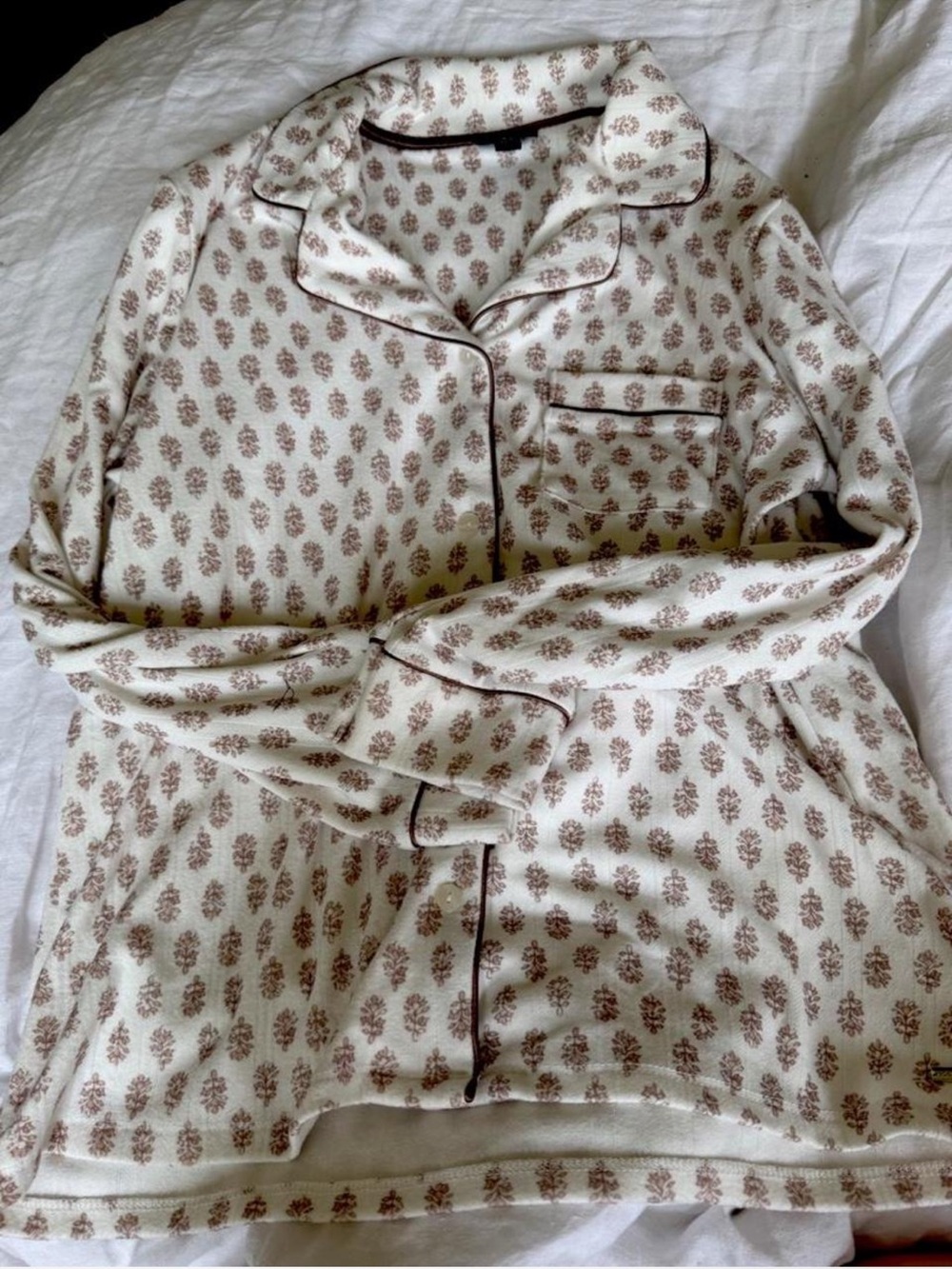 Tahari Cream Pajama-Style Printed Top with Brown Piping